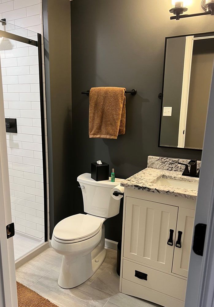 Dark and white bathroom