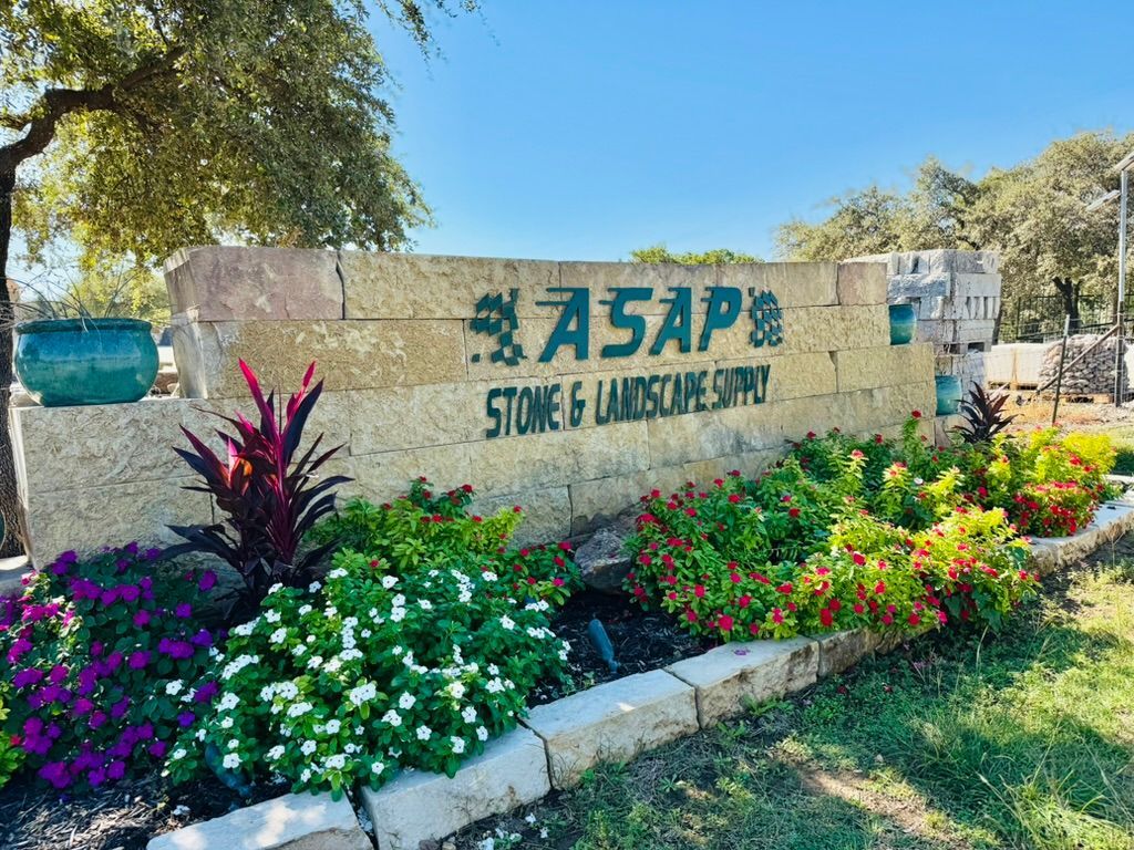 Community garden with colorful flowers and a sign reading “Rasa” on a stone wall.