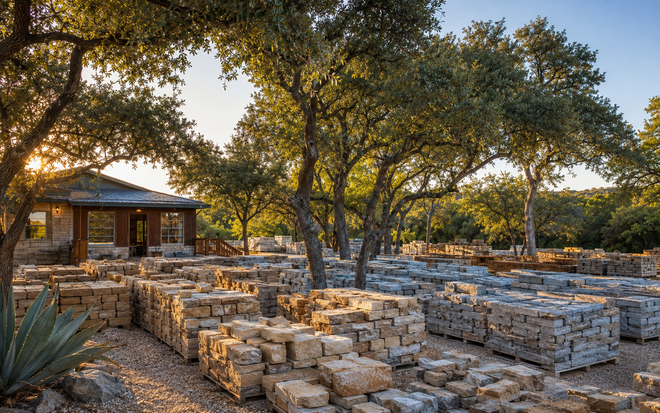 Stone ruins and low walls among oak trees at sunset, with a small cabin in the background