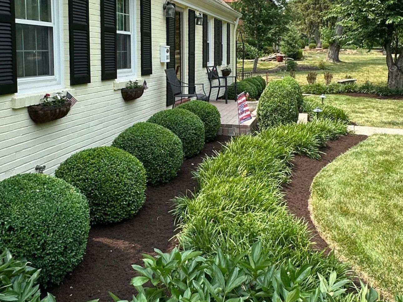 A white house with black shutters and bushes in front of it.