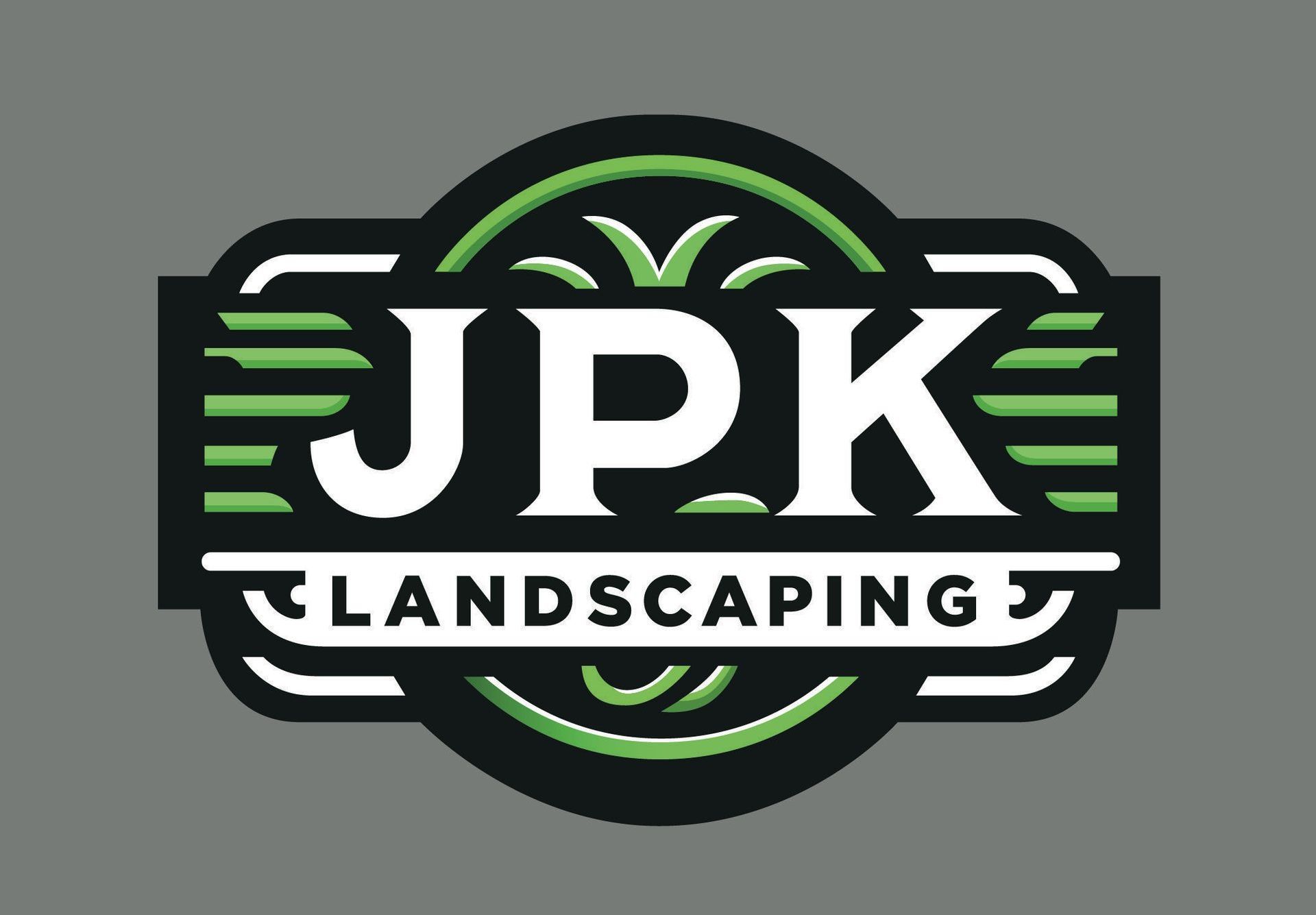 A logo for jpk landscaping on a gray background.