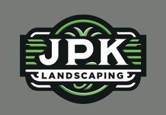 A logo for jpk landscaping on a gray background.