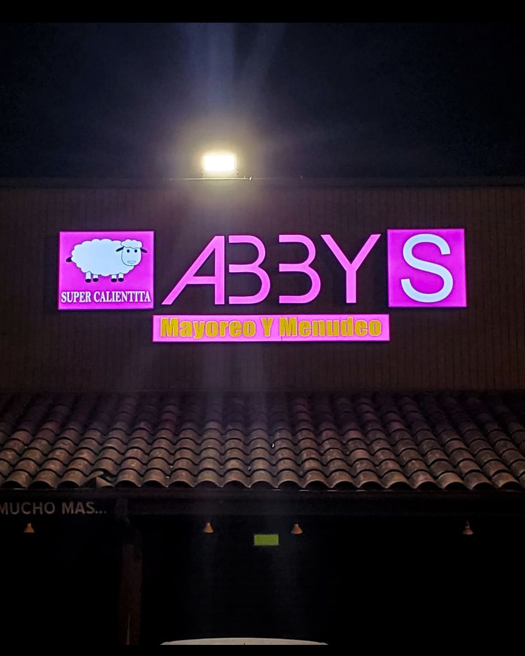 Pink neon ABBYS sign on a dark building at night, with a small logo and tagline below.