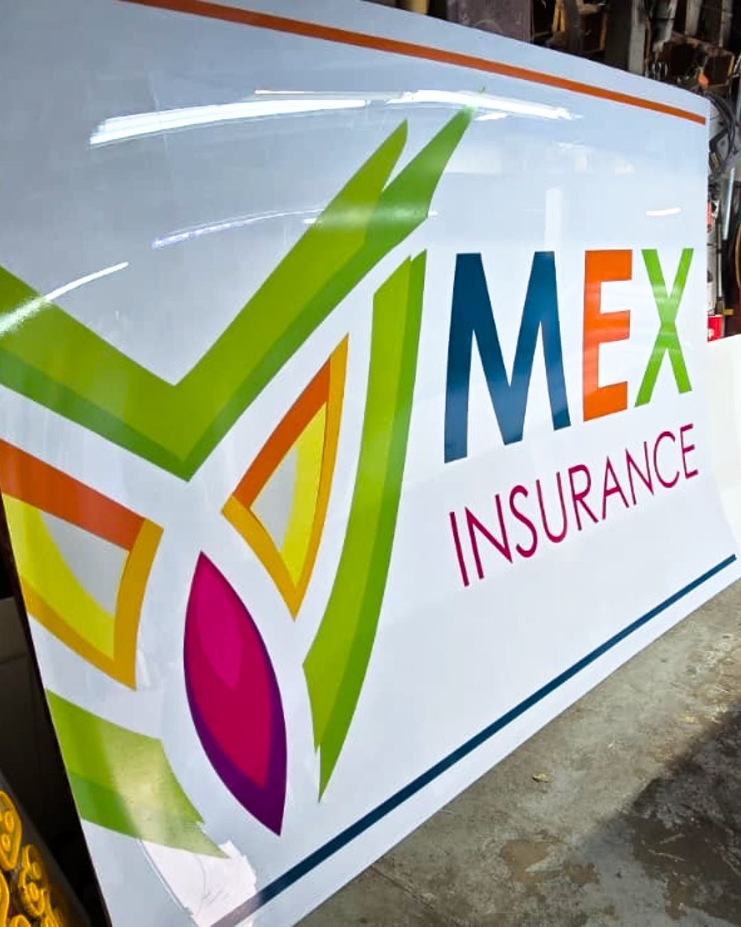 MEX Insurance logo on a white vehicle panel with a colorful abstract design