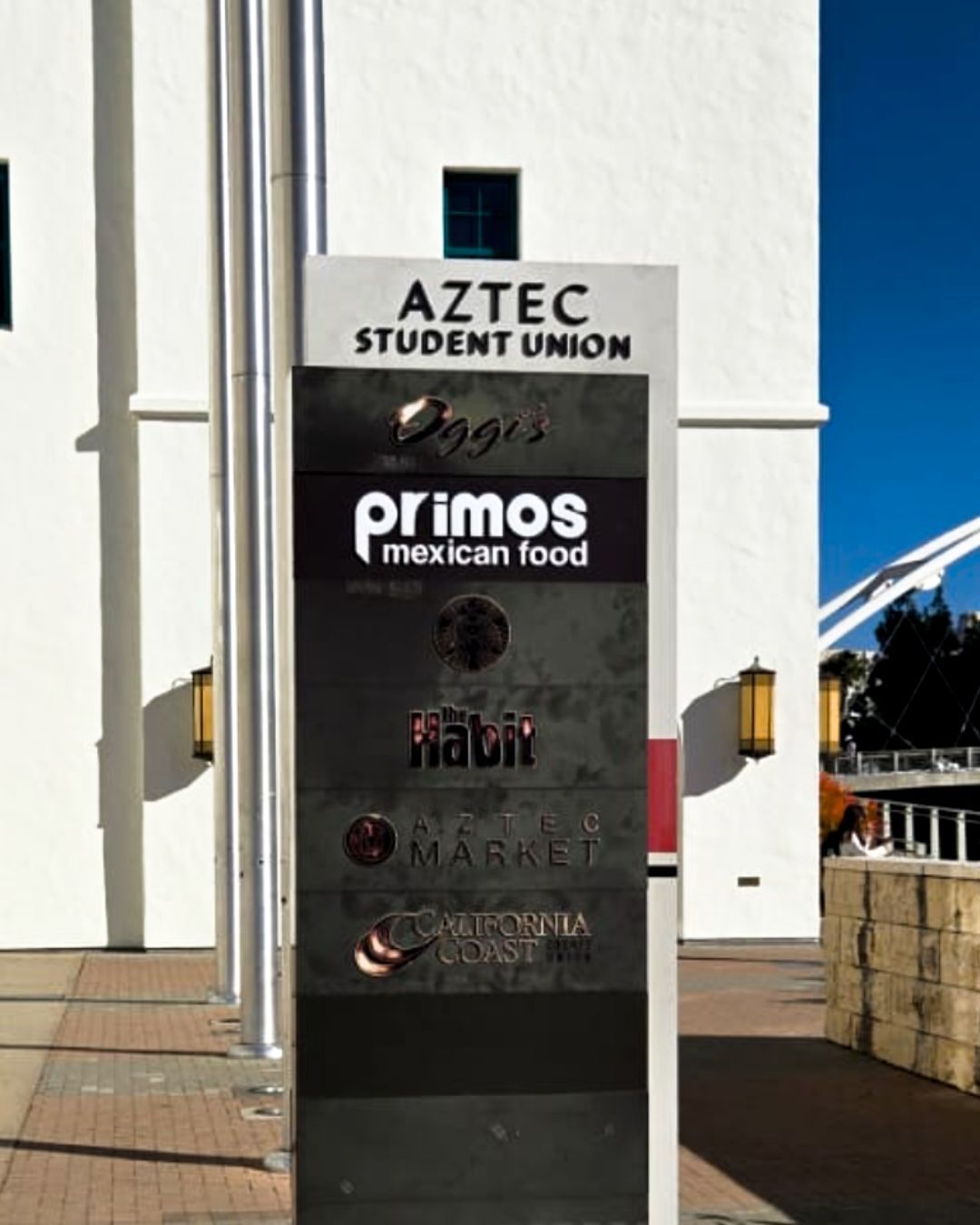 Aztec Student Union directory sign with Primos Mexican Food and other tenant names outdoors