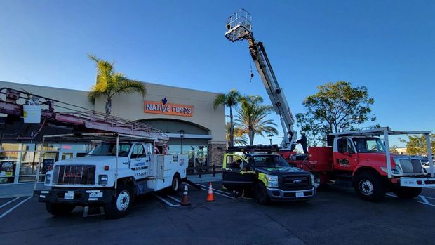 Fire trucks and a utility crane parked outside a building with ladders and cones nearby.