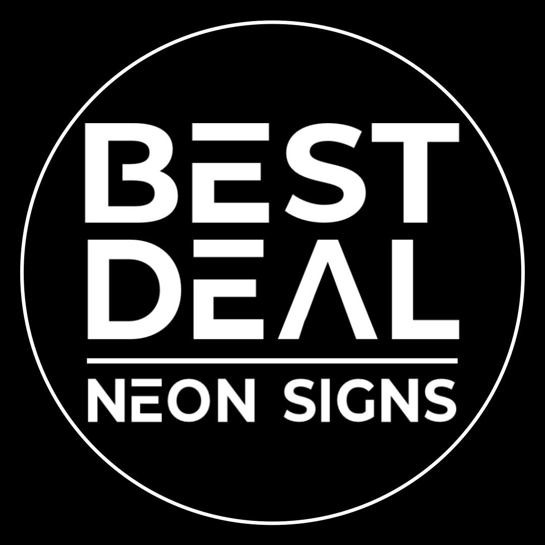 Black circular logo with white text, BEST DEAL over NEON SIGNS
