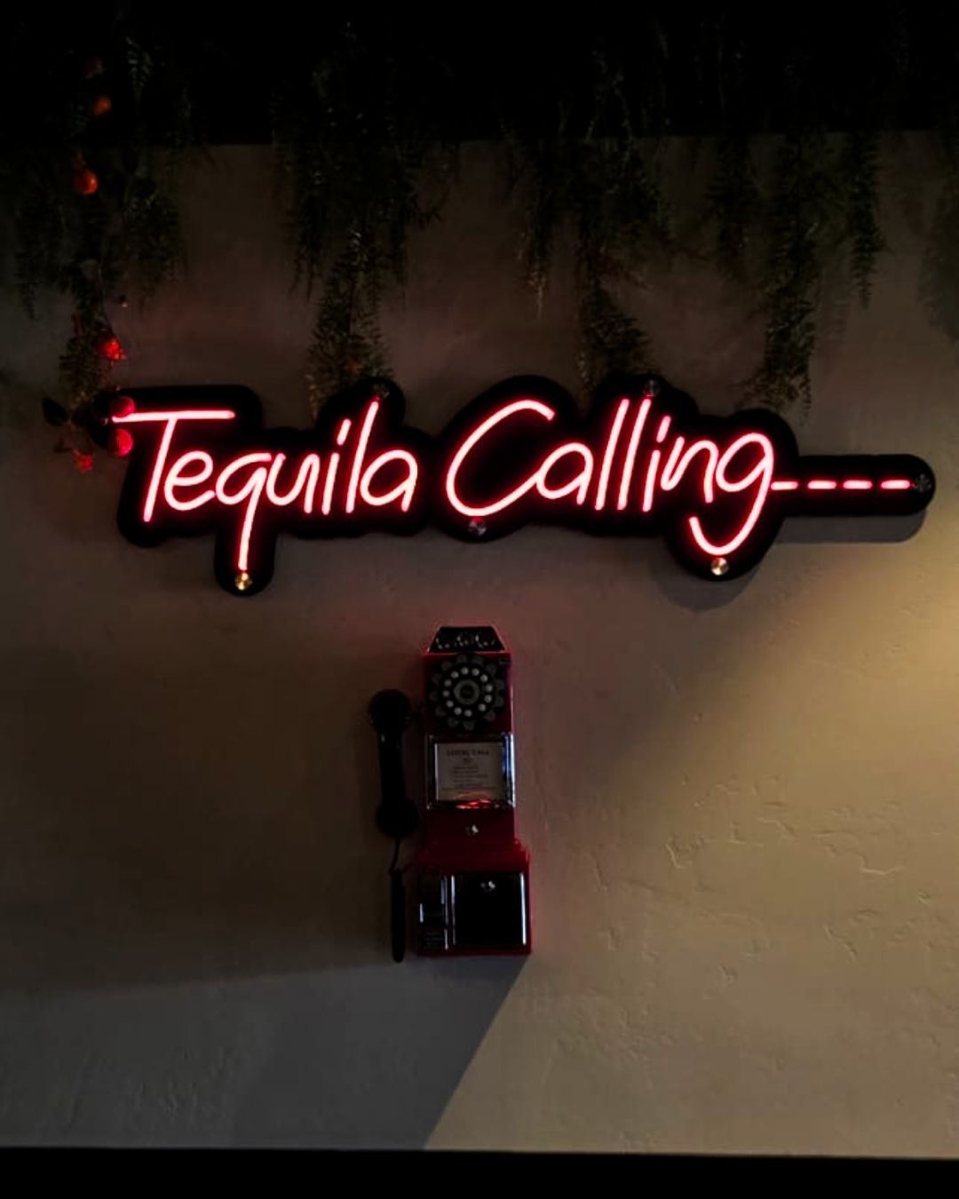 Neon pink Tequila Calling... sign glowing above a wall-mounted bottle holder in dim light