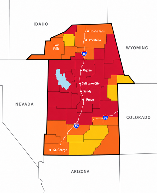 Map of Utah with highlighted regions and nearby states labeled, in red, orange, and yellow.