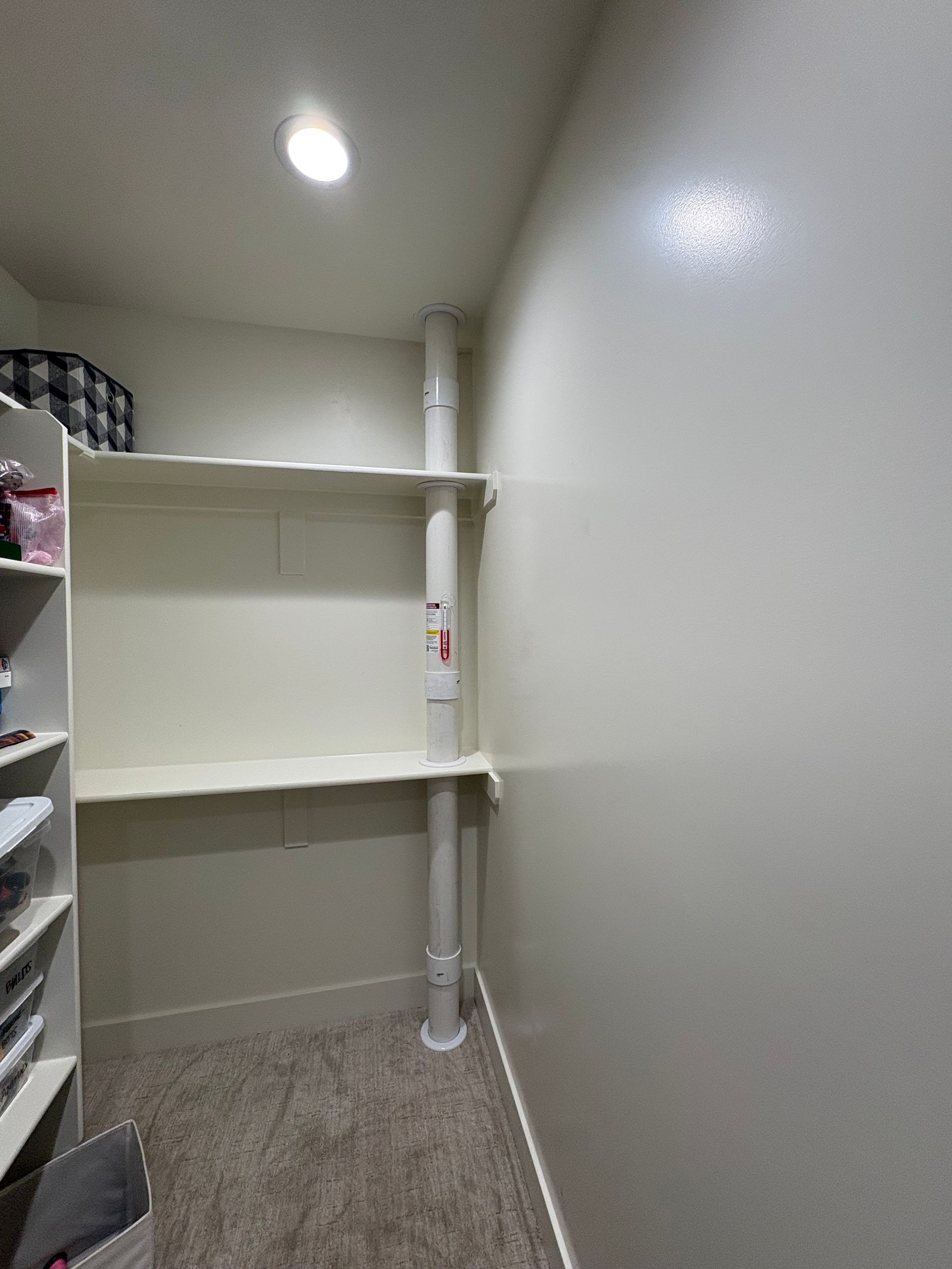 Empty white closet with wire shelves, a ceiling light, and carpeted floor.