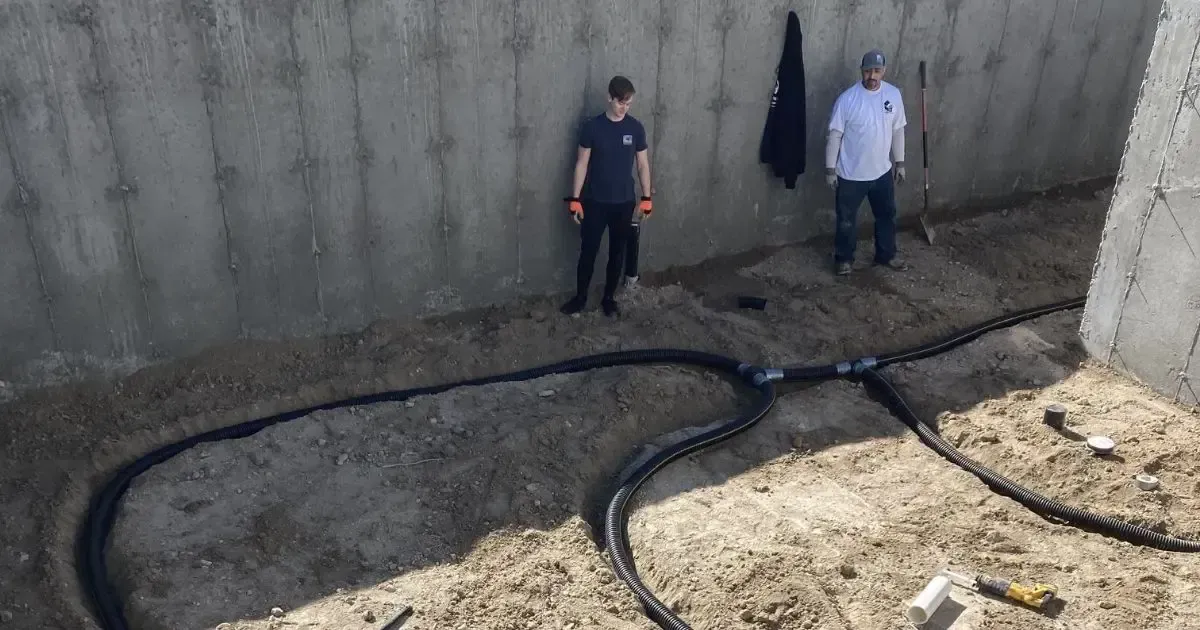 Two people standing beside black hoses in a concrete-lined drainage trench
