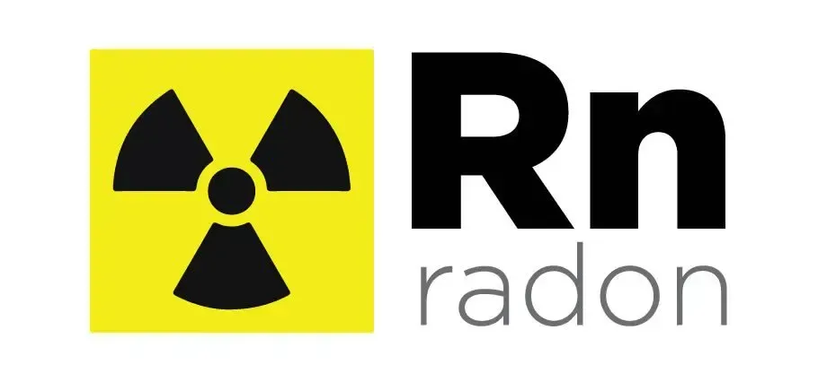 Yellow radiation symbol with black “Rn” and gray “radon” text