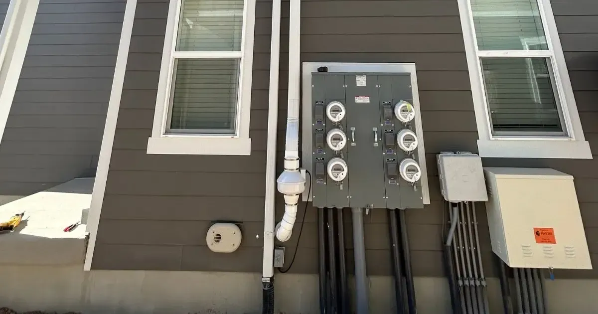 Utility meters and electrical panels mounted on a gray house exterior between two windows.