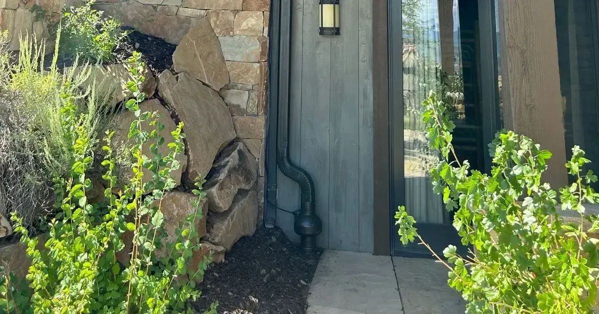 Stone entryway with a wooden door, walkway, and green desert plants in sunlight