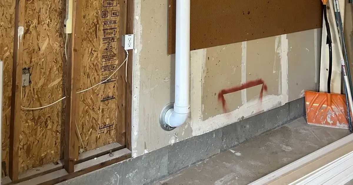 Exposed interior wall framing with white PVC pipe, red wiring, and unfinished concrete floor baseboard line.
