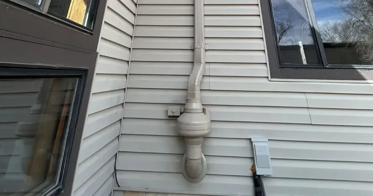 White utility pipe and meter on light gray house siding beside a window