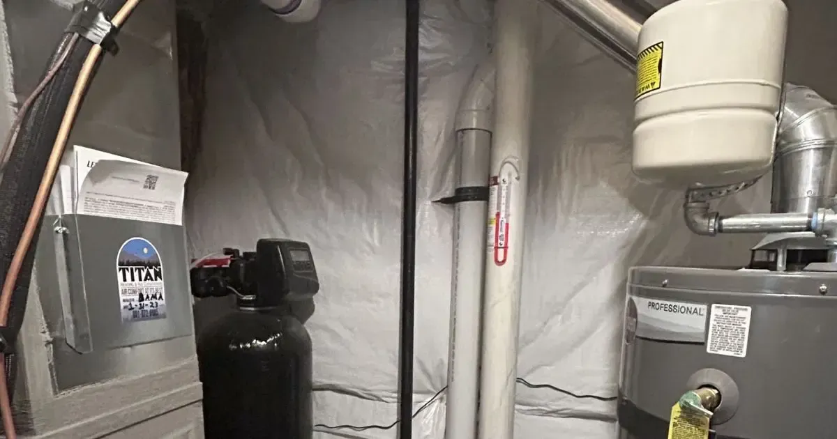 Basement utility room with furnace, water heater, and large black air tank against insulated walls