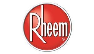 Rheem logo: white text on a red circle, 