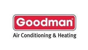 Goodman Air Conditioning & Heating logo: red rectangular background with white text and a thin gray border.