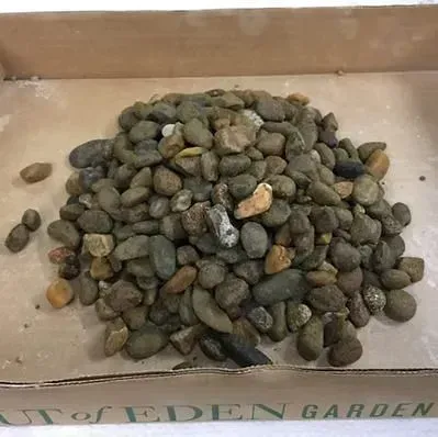 Pile of small, rounded, earth-toned rocks in a cardboard box, possibly for landscaping.