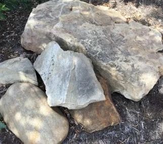 Pile of large, light brown and gray rocks on a brown patch of ground with some green vegetation.