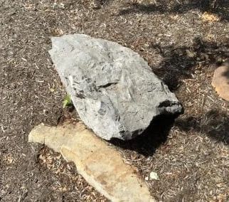 Large gray rock on brown dirt with a smaller tan rock in the foreground.