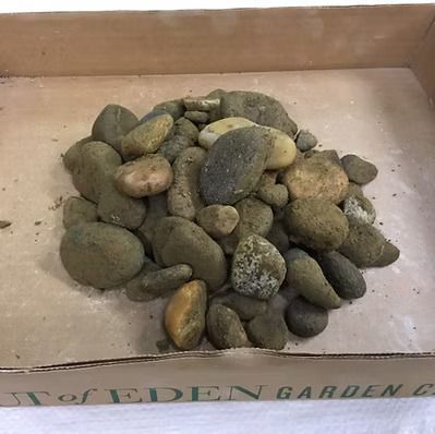 Pile of smooth, rounded rocks in a cardboard tray; earth-toned colors.