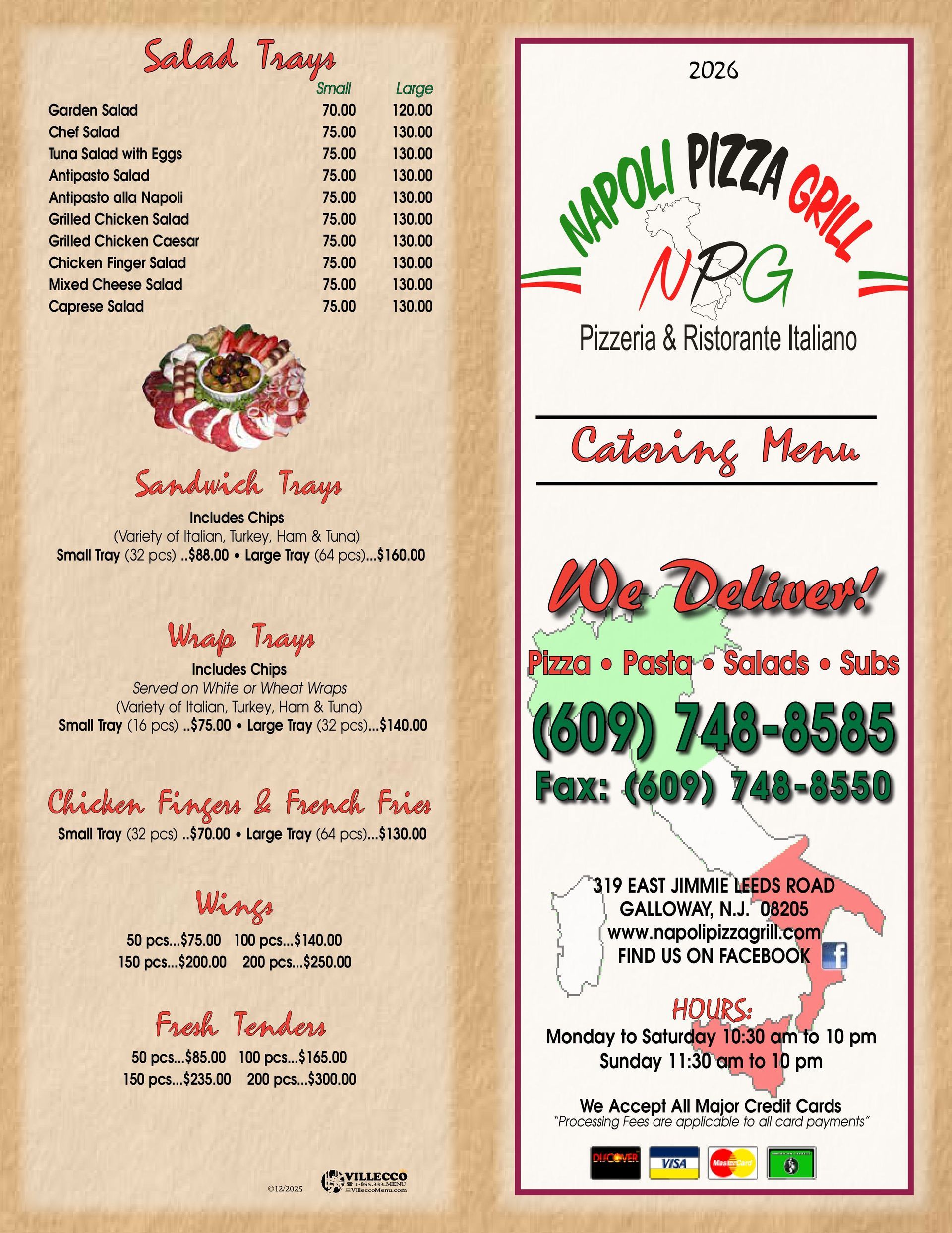 Napoli Pizza Grill menu with food options and contact info, on beige background.