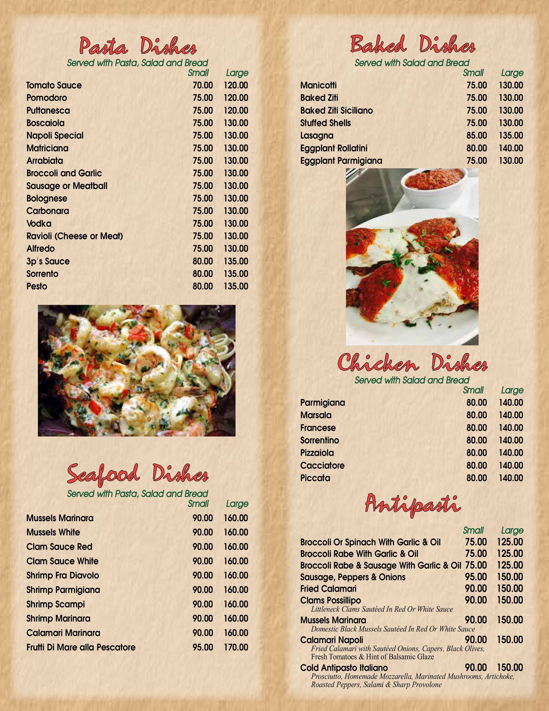 Menu with pasta, baked, seafood, chicken, and antipasti dishes listed with prices.