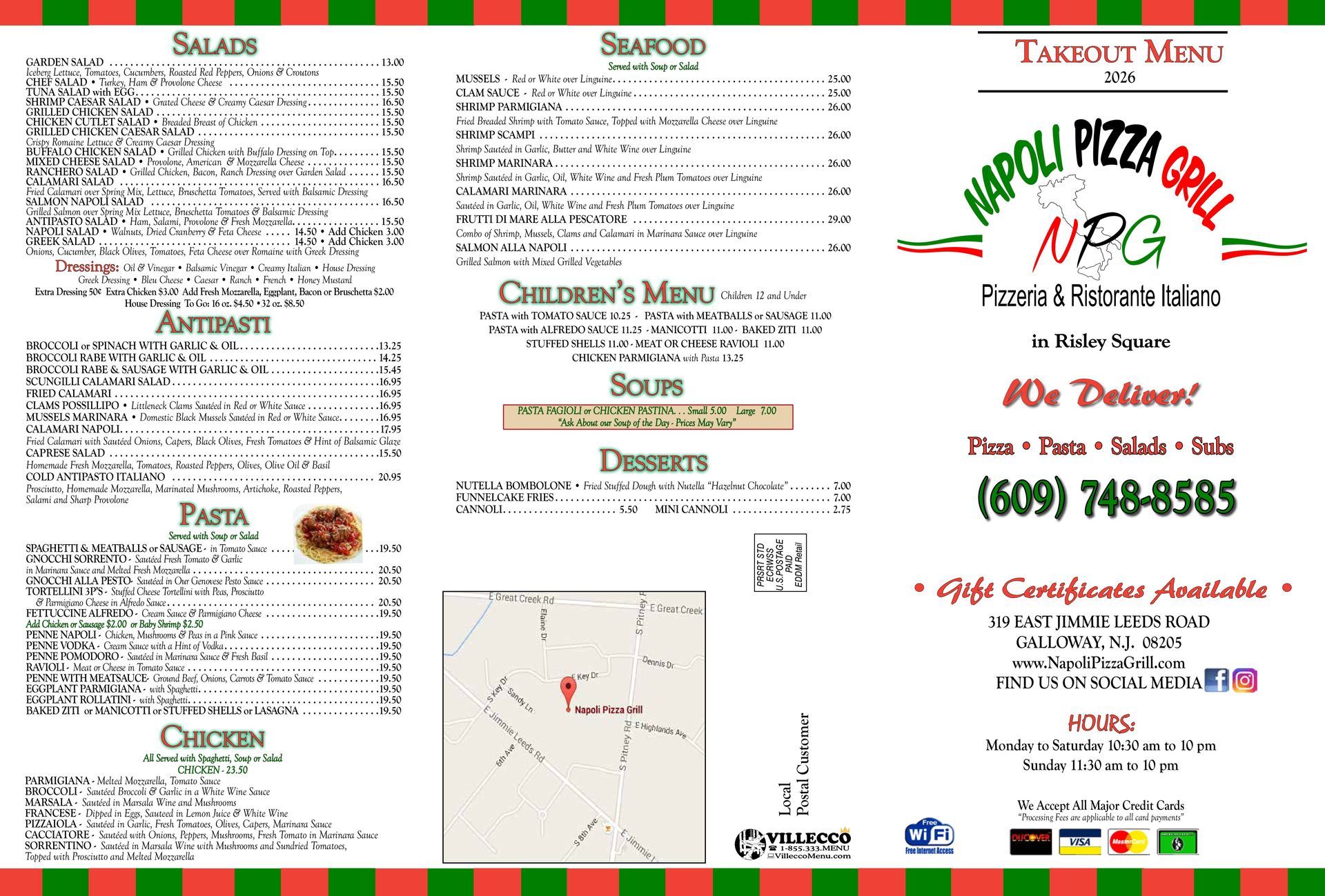 Napoli Pizza Grill takeout menu with sections for salads, seafood, pasta, and children's menu.