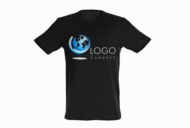 Black T-shirt with a blue globe logo and the text “LOGO” and “COMPANY” printed on the chest