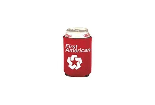 Red First American bank can with white logo on a plain white background