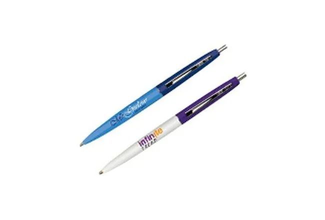 Two purple and blue ballpoint pens on a white background