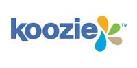 Koozie logo in blue with a multicolored flower-like icon