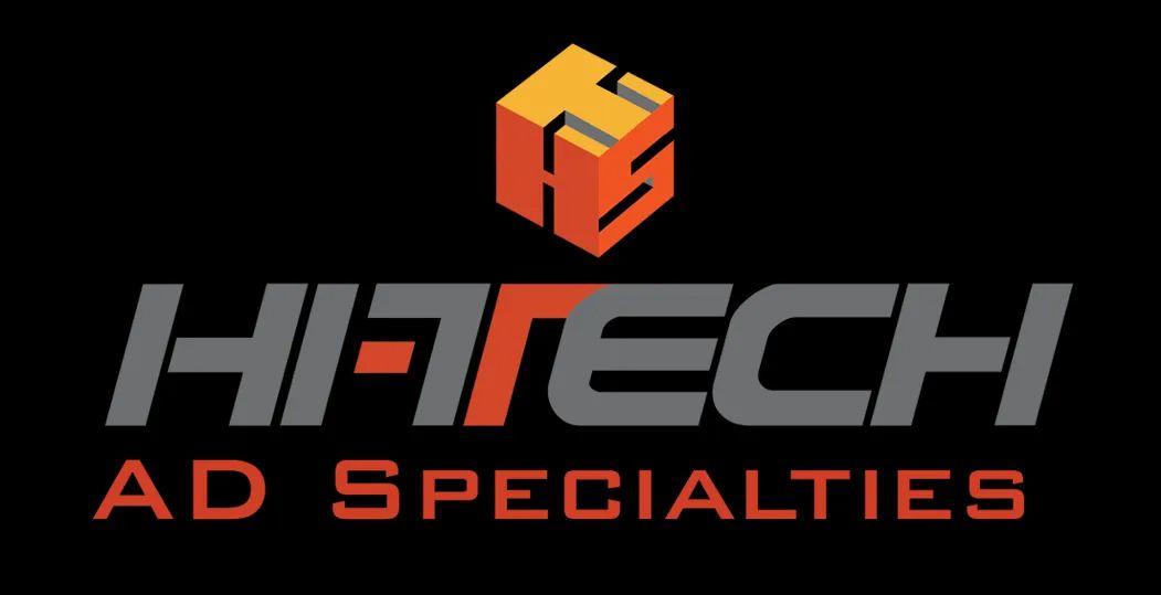 Hi-Tech Ad Specialties logo in gray and orange on a black background