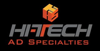 Hi-Tech Ad Specialties logo in gray and orange on a black background