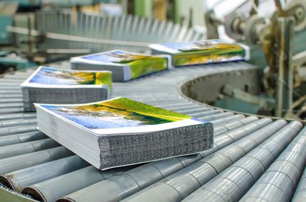 Stacks of packaged goods moving on a conveyor belt in a factory conveyor system