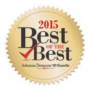 2015 Best of the Best award seal. Gold and red colors. Check mark. Arkansas Democrat-Gazette logo.