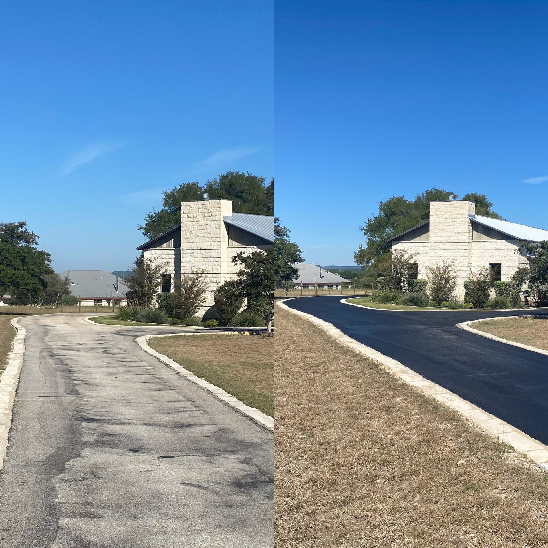 Before and after of a driveway. The left shows a damaged road. The right shows a smooth, newly paved road.