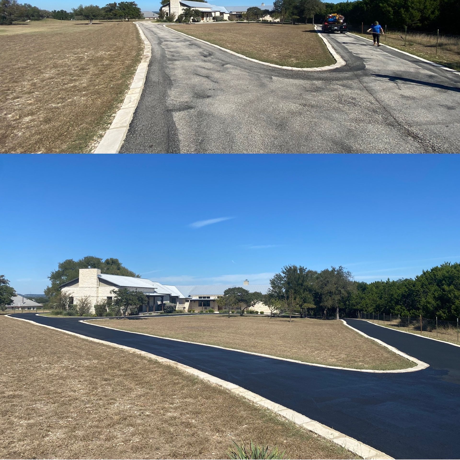 Before and after photos: a driveway renovation at a house in a rural setting, asphalt replaced concrete.