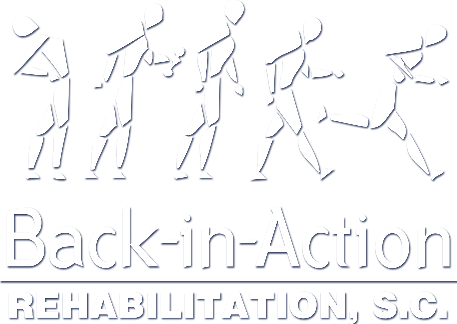 Logo: Sequence of stick figures walking towards right, then breaking into a run, title reads "Back-in-Action REHABILITATION, S.C.".