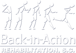 Logo: Sequence of stick figures walking towards right, then breaking into a run, title reads "Back-in-Action REHABILITATION, S.C.".