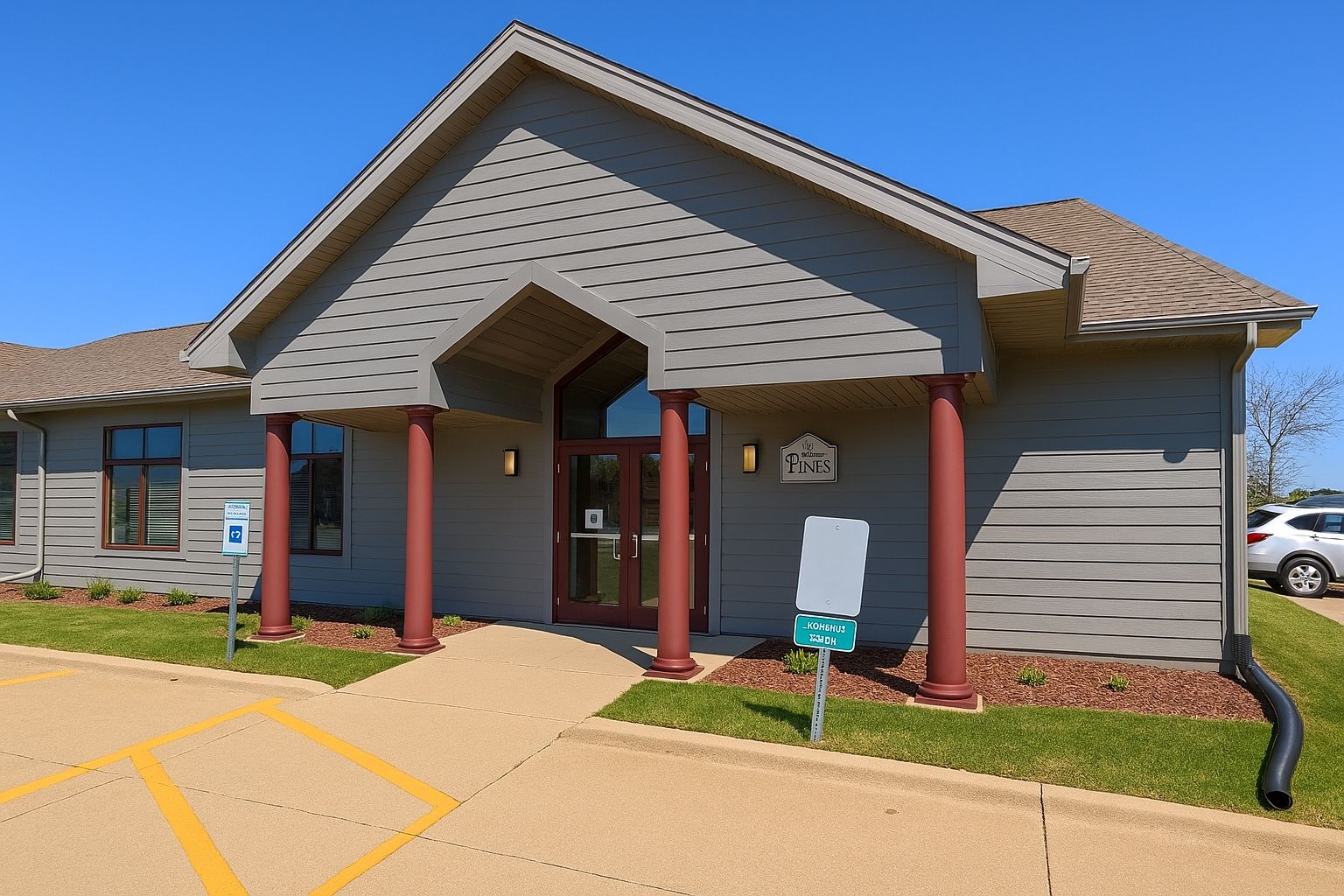Gray building with brown columns and roof, clear blue sky. Accessible parking sign visible.