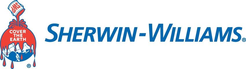 Sherwin-Williams logo: paint can pouring red paint over the Earth, with the brand name in blue.