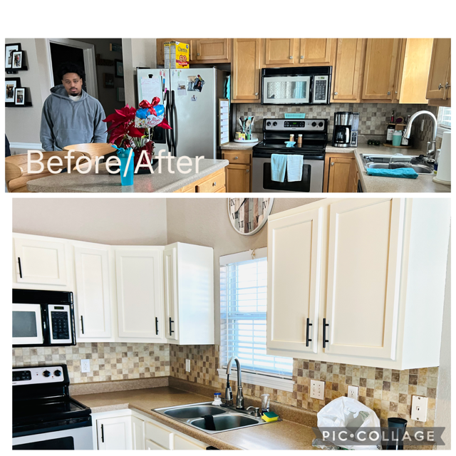 Before and after comparison of a kitchen remodel, showing wood cabinets updated with fresh white paint and new hardware.