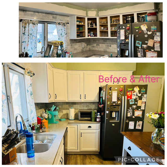 A split-screen view shows a kitchen during a renovation with open cabinets and finished with white doors and green walls.