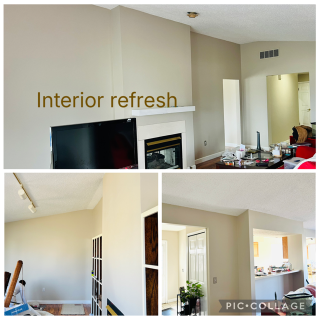A collage showing interior shots of a room with beige walls, a fireplace, and a kitchen pass-through.