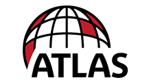 Logo of ATLAS, featuring a globe with red accents and the name in black.