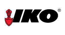 Logo of IKO: Black text with red shield and symbol to the left.