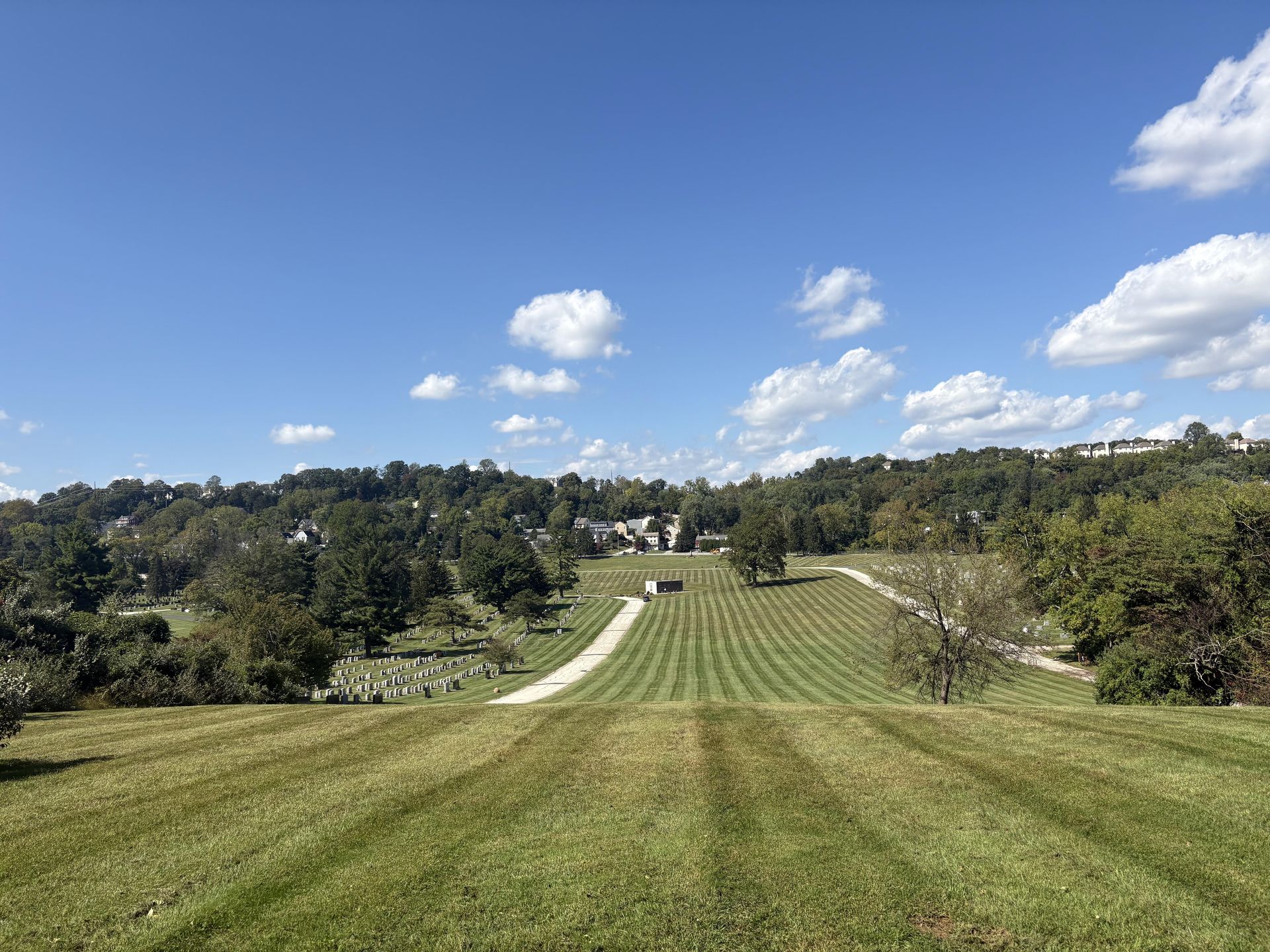 Green cemetery lawn with gravestones and a white road, under a blue sky with fluffy clouds.